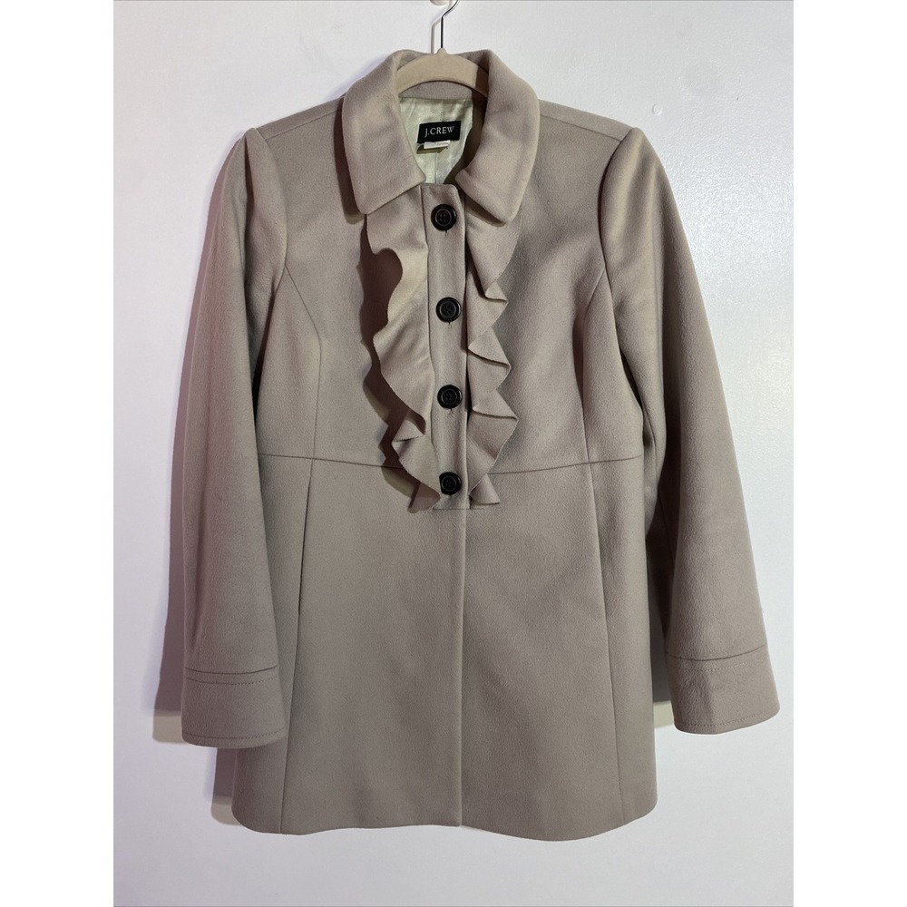 J‎ Crew Pea Coat Womens 4 Taupe Wool Ruffle Lagenlook Minimalist Quite Luxury